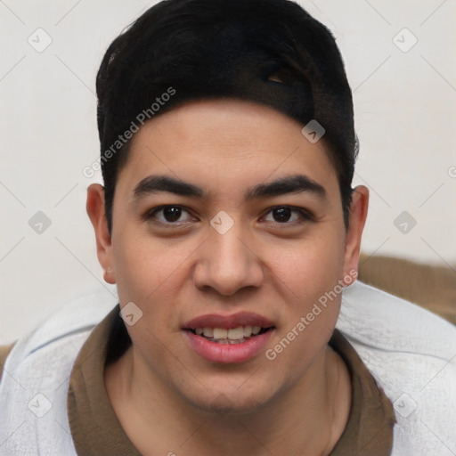 Joyful latino young-adult male with short  brown hair and brown eyes