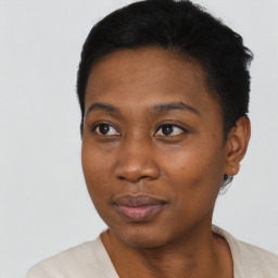 Joyful black young-adult female with short  black hair and brown eyes