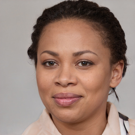 Joyful black adult female with medium  brown hair and brown eyes