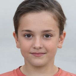 Joyful white child female with short  brown hair and brown eyes