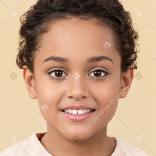 Joyful white child female with short  brown hair and brown eyes