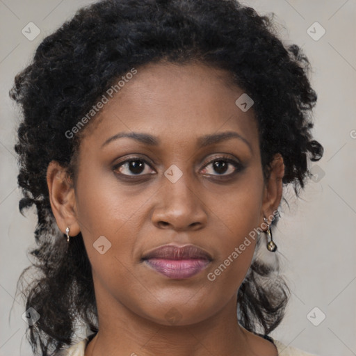 Joyful black young-adult female with medium  brown hair and brown eyes