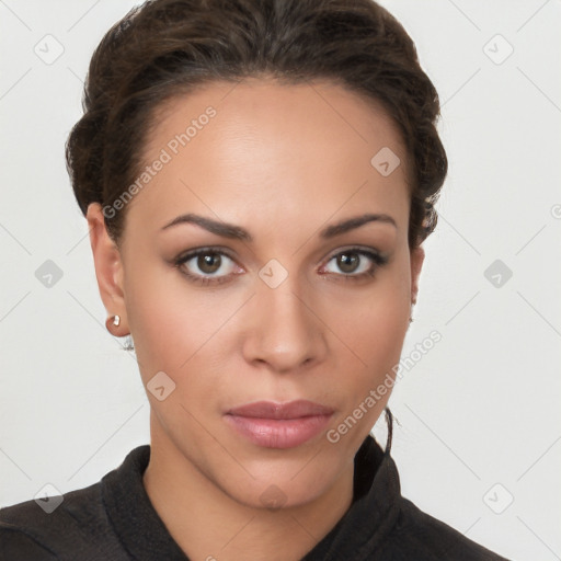 Neutral white young-adult female with short  brown hair and brown eyes