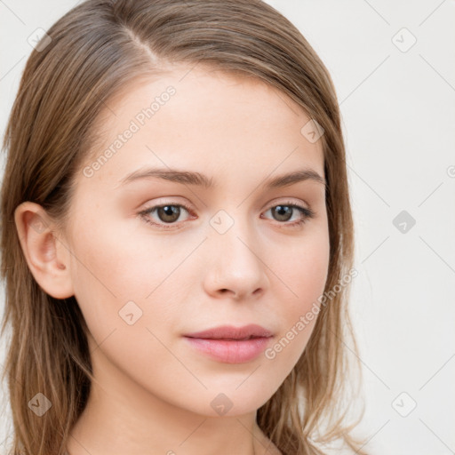 Neutral white young-adult female with long  brown hair and brown eyes