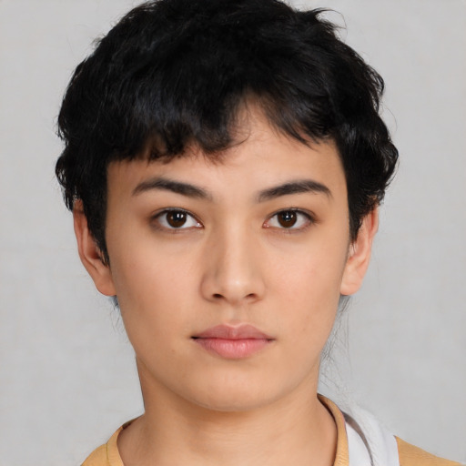 Neutral asian young-adult female with short  black hair and brown eyes