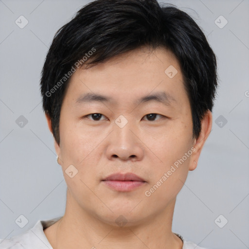 Neutral asian young-adult male with short  black hair and brown eyes