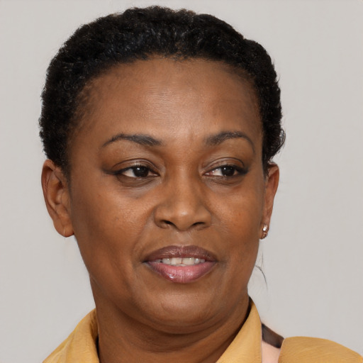 Joyful black adult female with short  brown hair and brown eyes