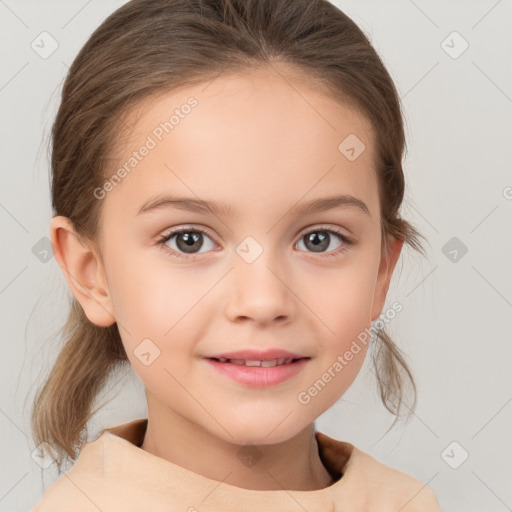 Joyful white child female with medium  brown hair and brown eyes