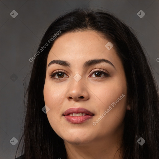 Joyful latino young-adult female with long  black hair and brown eyes