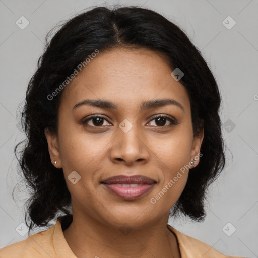 Joyful latino young-adult female with medium  black hair and brown eyes