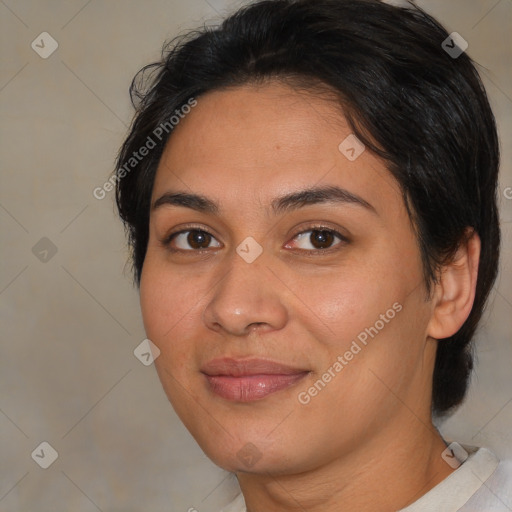 Joyful asian young-adult female with medium  brown hair and brown eyes