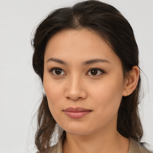 Neutral asian young-adult female with medium  brown hair and brown eyes
