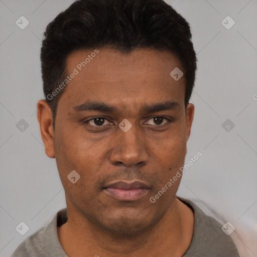 Neutral black young-adult male with short  black hair and brown eyes
