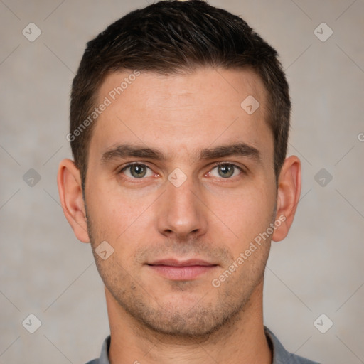 Neutral white young-adult male with short  brown hair and brown eyes