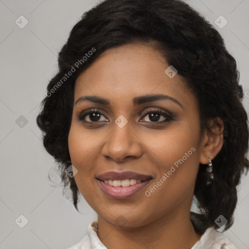 Joyful black young-adult female with medium  black hair and brown eyes