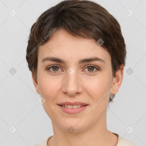 Joyful white young-adult female with short  brown hair and brown eyes