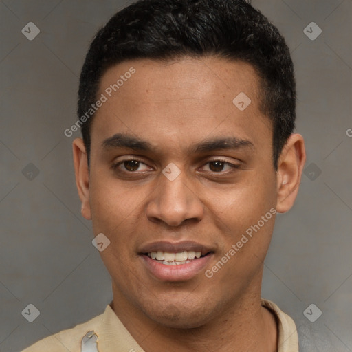 Joyful latino young-adult male with short  brown hair and brown eyes