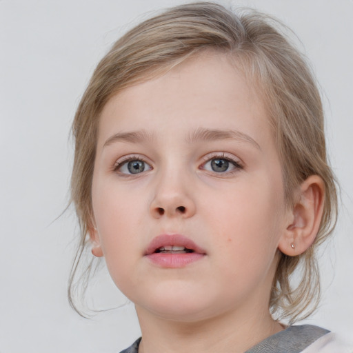 Neutral white child female with medium  brown hair and blue eyes