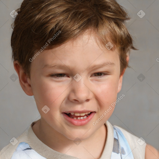 Joyful white child male with short  brown hair and brown eyes