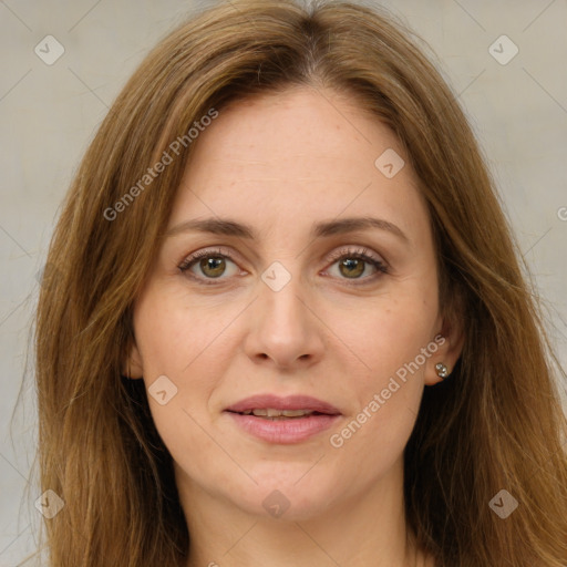 Joyful white young-adult female with long  brown hair and green eyes