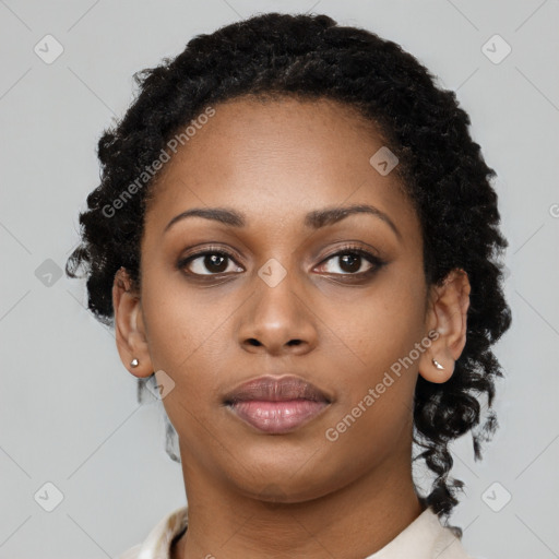 Neutral black young-adult female with short  black hair and brown eyes