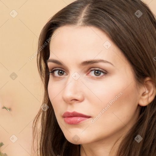 Neutral white young-adult female with long  brown hair and brown eyes