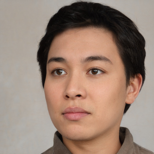 Neutral asian young-adult male with short  brown hair and brown eyes