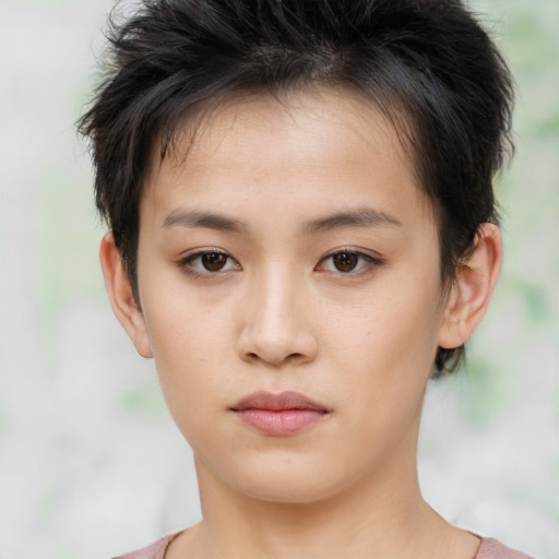 Neutral white young-adult female with short  brown hair and brown eyes