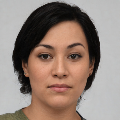 Neutral asian young-adult female with medium  black hair and brown eyes