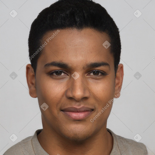 Joyful black young-adult male with short  black hair and brown eyes