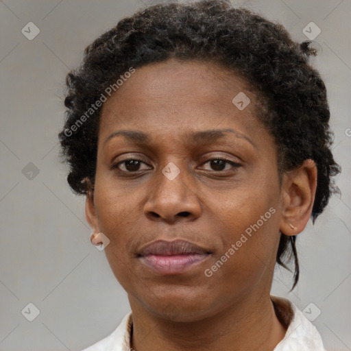 Neutral black adult female with short  brown hair and brown eyes