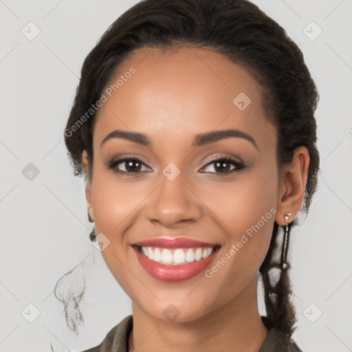 Joyful latino young-adult female with long  brown hair and brown eyes