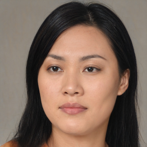 Neutral asian young-adult female with long  black hair and brown eyes