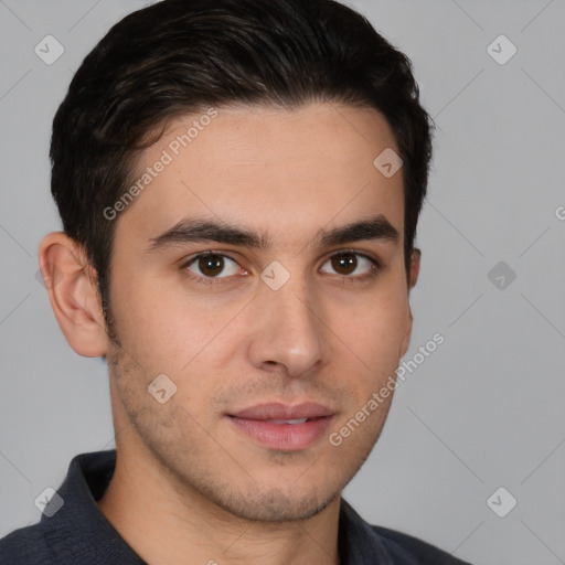 Neutral white young-adult male with short  brown hair and brown eyes