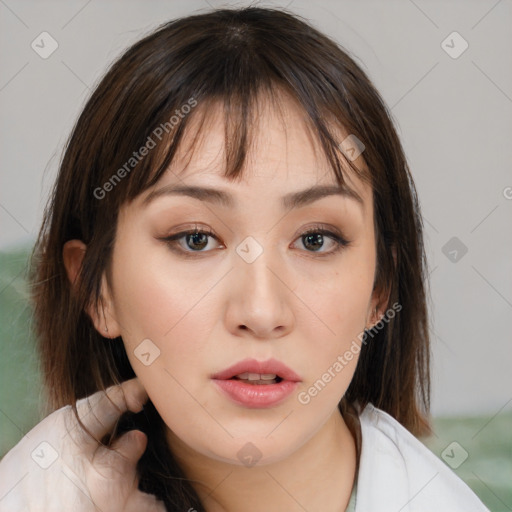 Neutral white young-adult female with medium  brown hair and brown eyes