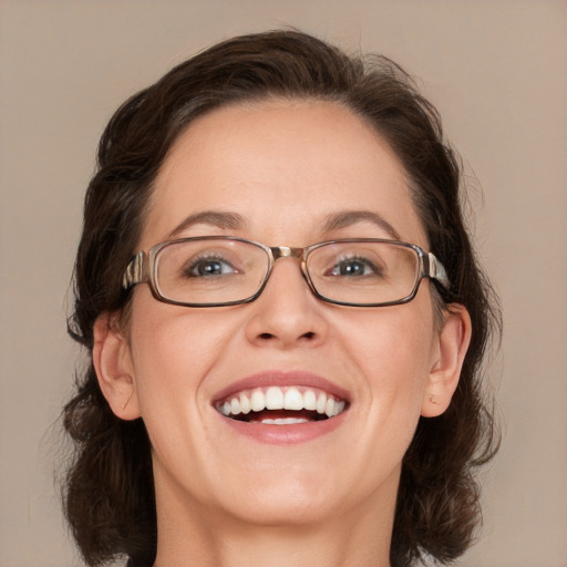 Joyful white adult female with medium  brown hair and grey eyes