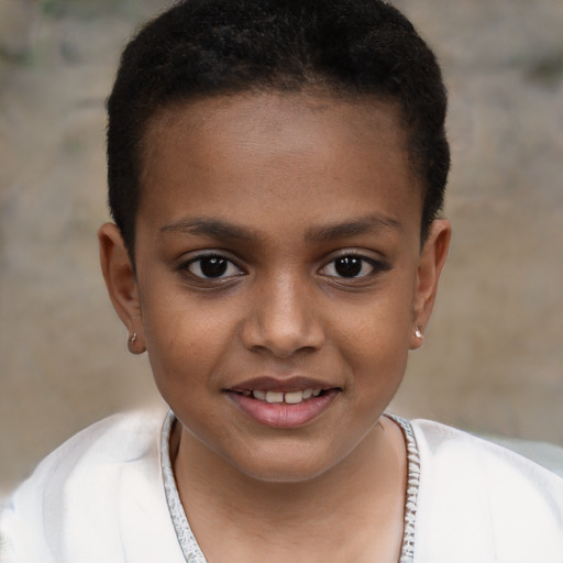 Joyful black child female with short  brown hair and brown eyes