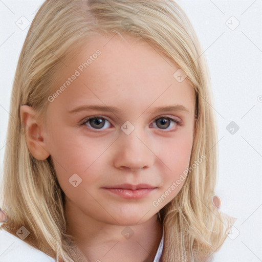 Neutral white child female with medium  brown hair and blue eyes