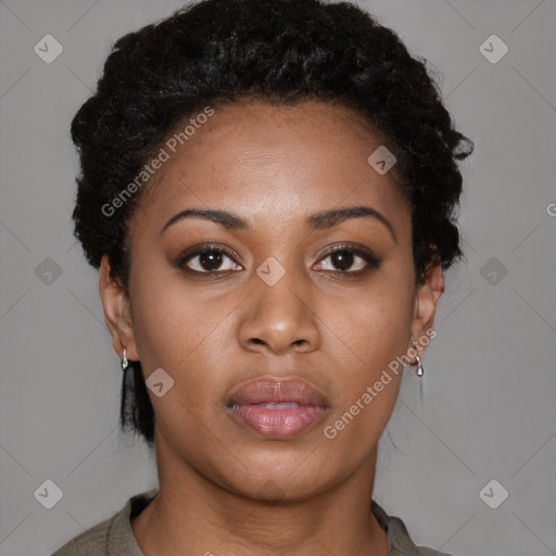 Neutral black young-adult female with short  black hair and brown eyes