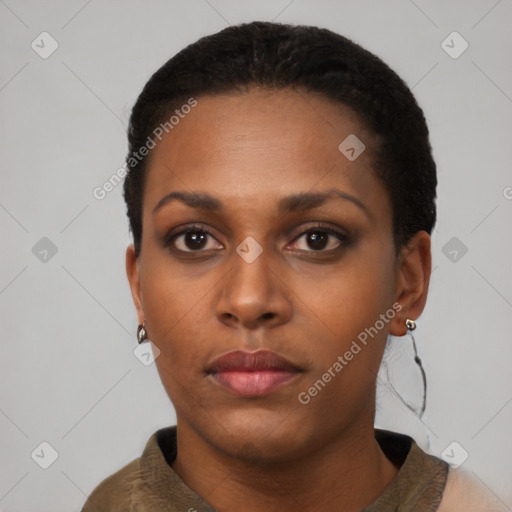 Neutral black young-adult female with short  black hair and brown eyes