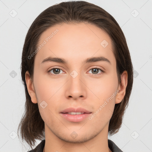 Neutral white young-adult female with medium  brown hair and brown eyes