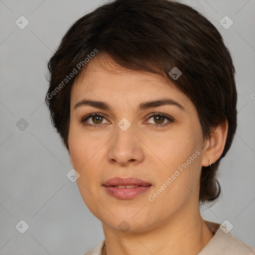 Joyful white young-adult female with medium  brown hair and brown eyes