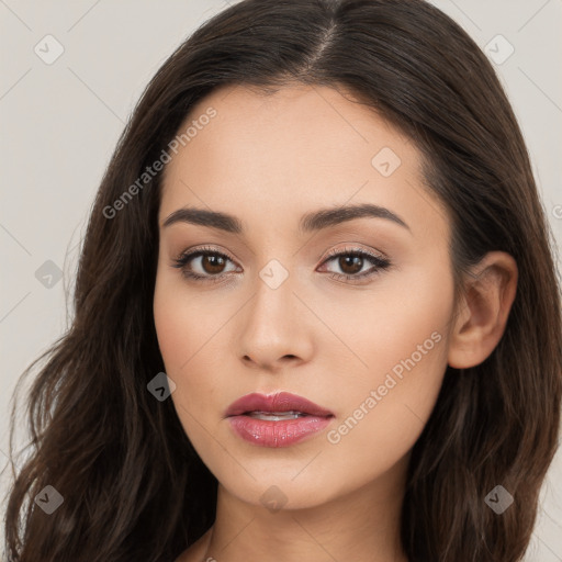 Neutral white young-adult female with long  brown hair and brown eyes