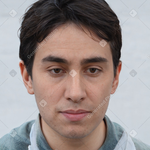 Neutral white young-adult male with short  brown hair and brown eyes