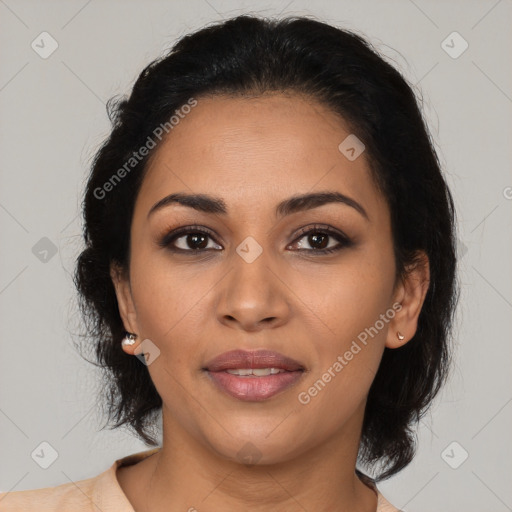 Joyful latino young-adult female with medium  brown hair and brown eyes