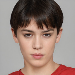 Neutral white young-adult female with short  brown hair and brown eyes