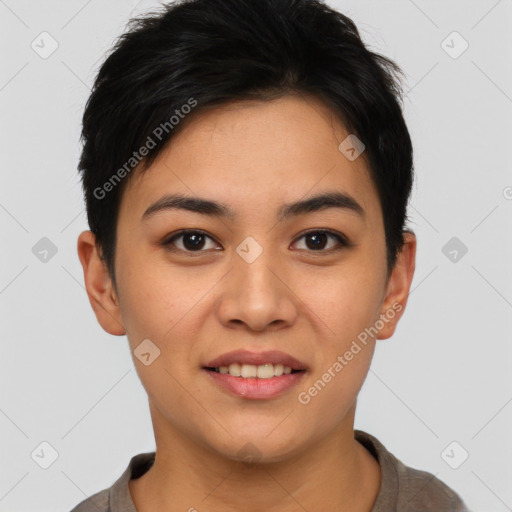 Joyful asian young-adult female with short  brown hair and brown eyes