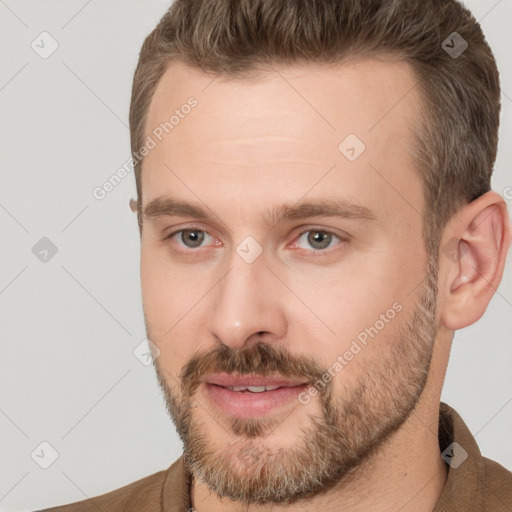 Neutral white adult male with short  brown hair and brown eyes