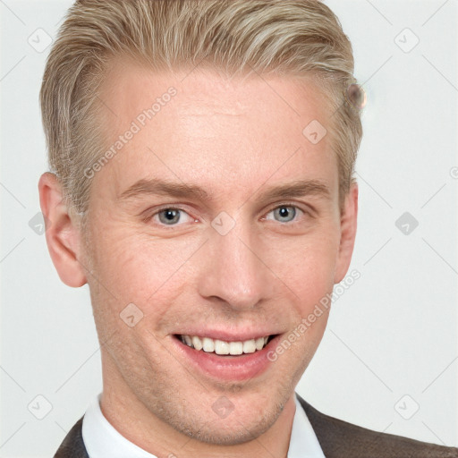 Joyful white adult male with short  brown hair and grey eyes