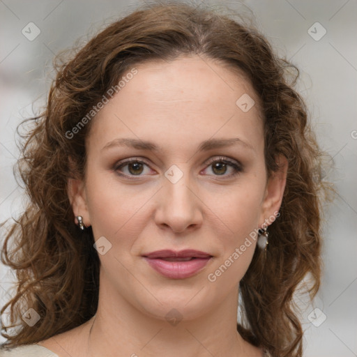 Joyful white young-adult female with medium  brown hair and green eyes